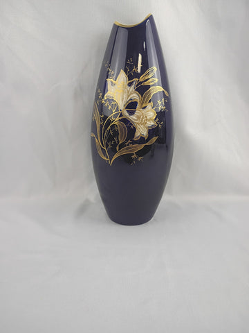 VTG German Colbalt & Gold Floral Vase