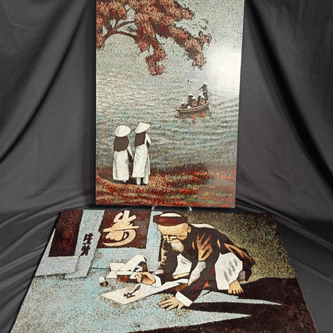 Two VTG Asian Lacquer Eggshell Paintings