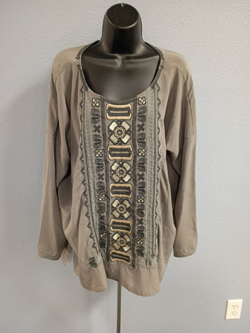 Johnny Was Biya Gray Embroidered Long Sleeve Tunic Sz Lg