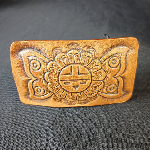 Tooled Leather Sunface Belt Buckle