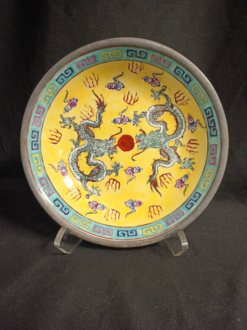 Yellow Famille Rose Double Dragon Porcelain Plate