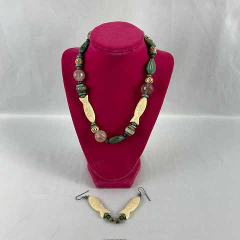 Bone & Stone Fish Motif Necklace & Earring Set
