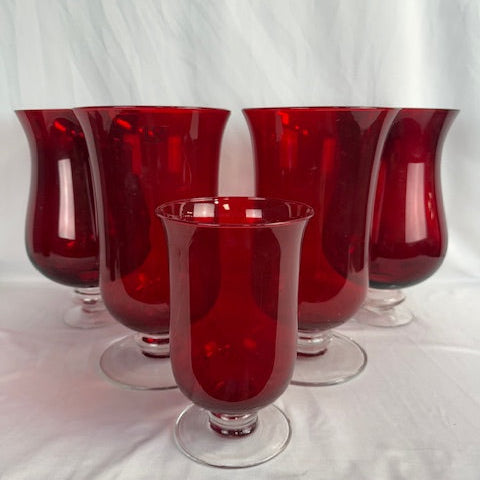 Set of 5 Ruby Red Hurricane Cut Glass Vases