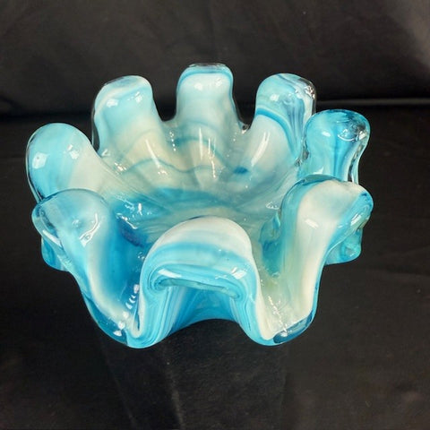 Marbled blue Art glass dish