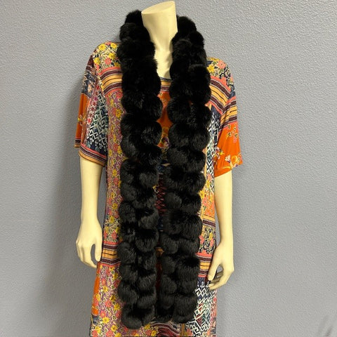 Genuine Black Rabbit Fur Puff Ball Scarf
