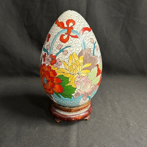 VTG Cloisonne Egg with Wood Stand