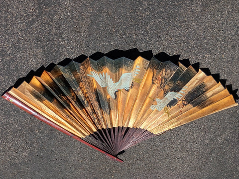 Large VTG Chinese Hand Painted Cranes Wall Fan