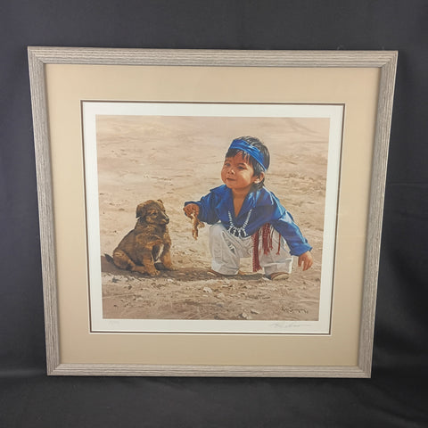Signed Navajo Boy with Puppy Print by Ray Swanson