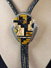 David Rosales Navajo .925 Silver Black Jade Jasper Tiger's eye Inlay Bolo Tie