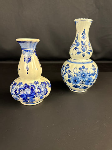 Two Vintage Delft Lobed Hand Painted Porcelain Vases