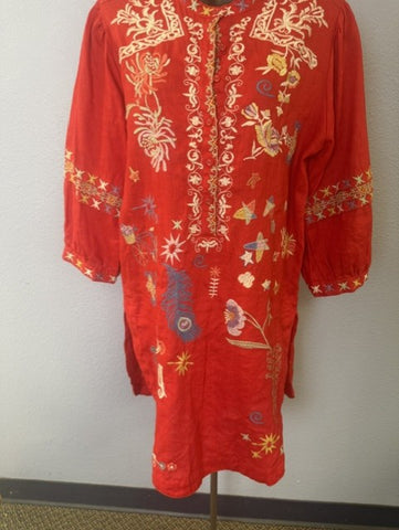 Johnny Was Biya Red Linen Embroidered Tunic Top, Sz sm