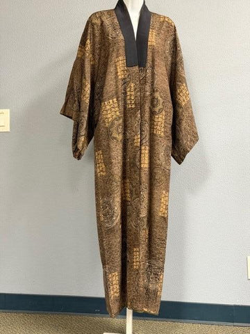 VTG Japanese Silk Kimono Black & Silver Medallins M/L