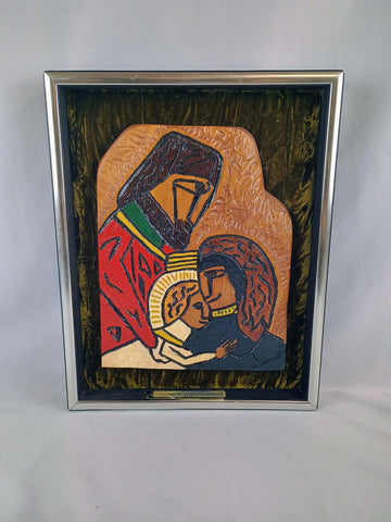 VTG Holy Family Wood on Velvet Portrait by D. Langsdale