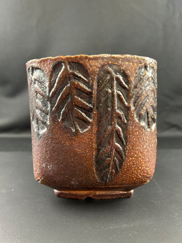 MCM Studio Art Pottery Brutalist Brown Incised Leaf Pot