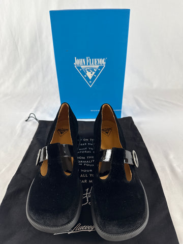 NIB John Fluevog Black Velvet T-strap Heels Sz 9