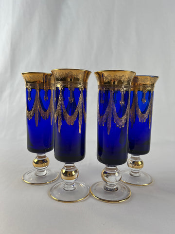 Interglass Italian Royal Blue 24K Gold Crystal Champagne Flutes