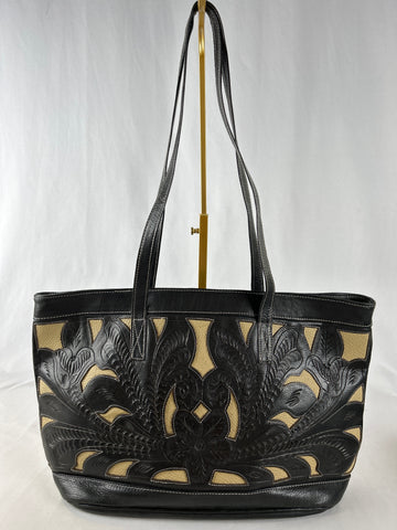 Vintage hand tooled leather tote bag made in Paraguay