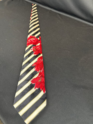 Vtg. Brioni Tie, 100% Silk Black & White Striped Red Flowers