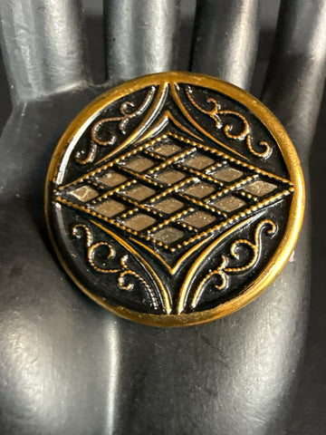 VTG Art Nouveau Black Molded Glass and Brass Button