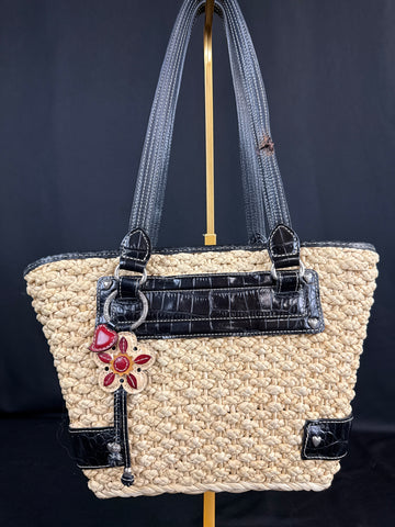 VTG Brighton Leather Woven Straw Floral Tag Shoulder Purse