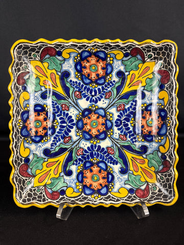 Mid-Century Puebla Mexican Casa Rugerio Signed Talavera Ceramic Square Plate