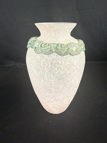 Textural iridescent pink vase with necklace of metal flowers