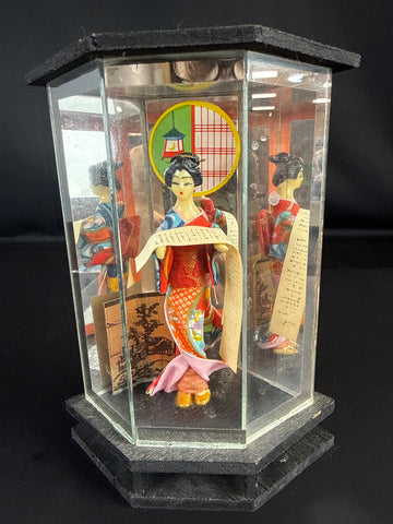 VTG 1960 Geisha Doll Kimono Clear Glass Display Case