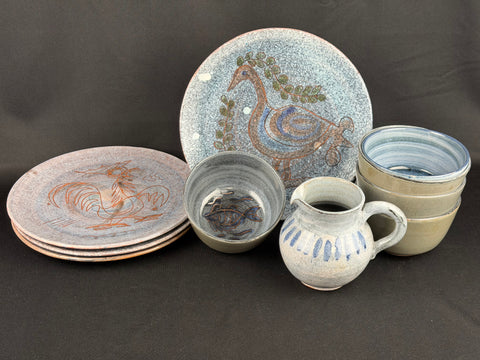 MCM Middle East Folk Art Pottery - 9pc Garagos Egypt Set: Plates, Bowls, Pitcher