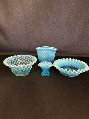 Set of 4 Fenton Blue glass opalescent dishes..variety