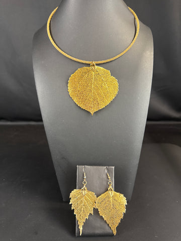 24K Gold Dipped Aspen Leaf Necklace & Earrings