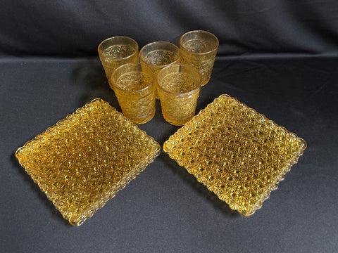 VTG Amber Daisy & Button Glass 4 Square Plates 5 Tumblers