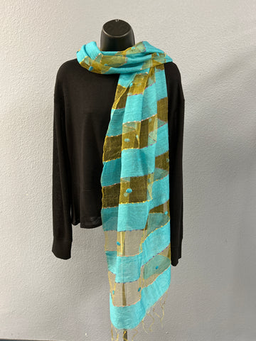 Turquoise Silk Shantung Boho Maxi Scarf With Fringe