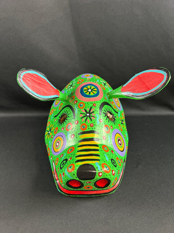 Hand Carved Painted Wood Green Bright Animal Mask
