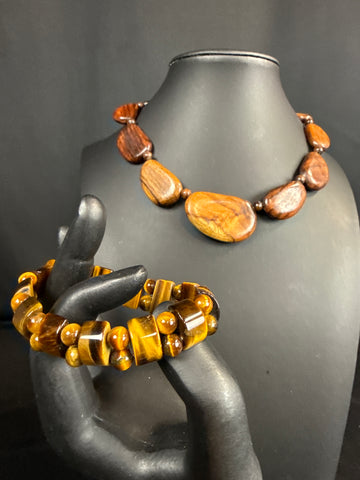 Tiger Eye Bracelet & Chunky Wood Necklace