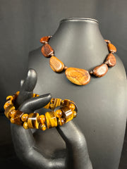 Tiger Eye Bracelet & Chunky Wood Necklace