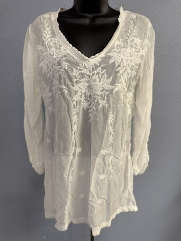 Johnny Was White Embroidered Eyelet Blouse Size Sm