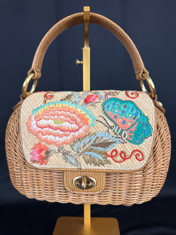 Eric Javits embroidered wicker handle bag