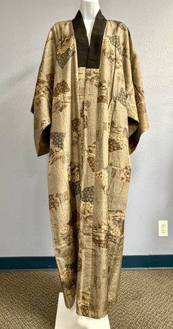 VTG Japanese Taupe Silk Kimono Tea Houses Gardens XL
