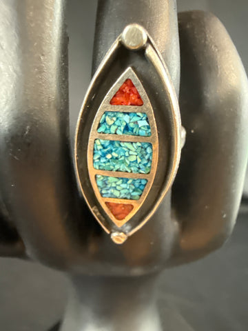 VTG. Sterling Inlaid Turquoise & Red Coral Ring