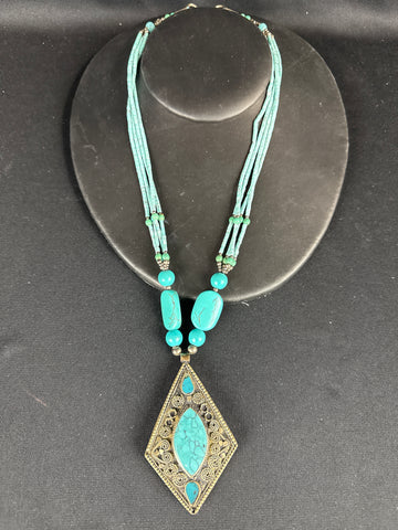 India Turquoise & Faux Seed Teardrop Pendant Necklace